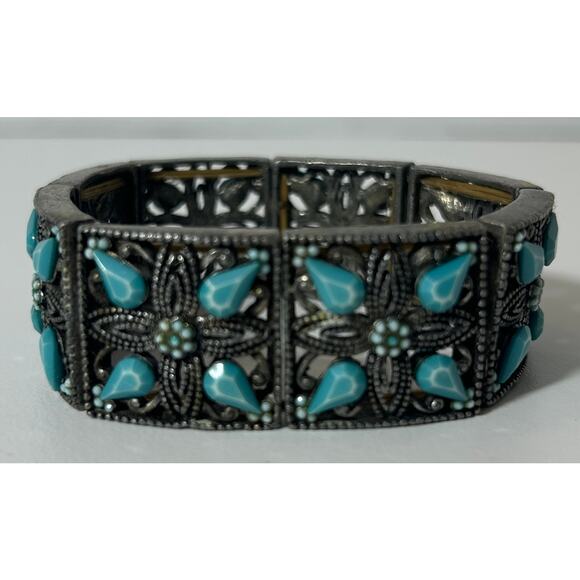 Vintage Boho Wide Cuff Bracelet w/ Faux Turquoise Floral Panels 7" - Picture 1 of 5
